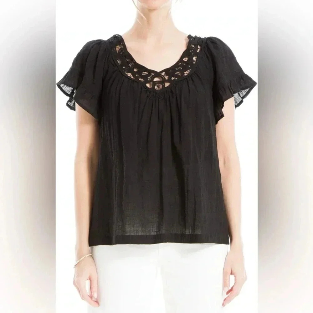 MAX STUDIO Black Flutter Sleeve Embroidered Neck Blouse / Size XS /